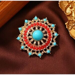 Vibrant Faux Turquoise & Red Beaded Round Mandala Compass Floral Wheel Brooch